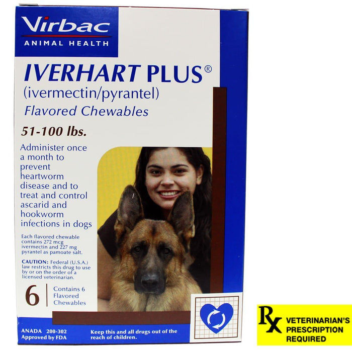 Rx Iverhart Plus (Ivermectin & Pyrantel Pamoate) Monthly Heartworm Protection Flavored Chewable Tabs for Dogs - 012VB-51-100 - 51 - 100 lbs - 6 Chewable Tablets - 4