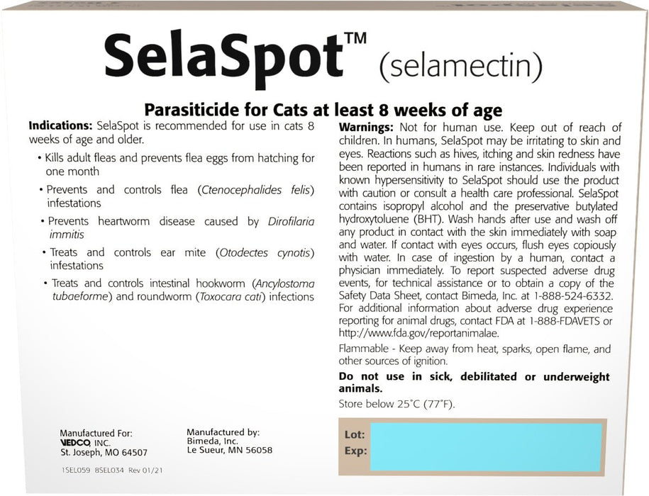 Rx SelaSpot (selamectin) Once - A - Month Flea & Heartworm Topical Solution for Cats - 012VED-19991 - 15.1 - 22 lbs - 3 Doses - 2