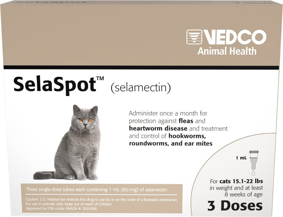 Rx SelaSpot (selamectin) Once - A - Month Flea & Heartworm Topical Solution for Cats - 012VED-19991 - 15.1 - 22 lbs - 3 Doses - 1
