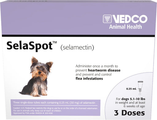 Rx SelaSpot (selamectin) Once - A - Month Flea & Heartworm Topical Solution for Dogs - 012VED-20997 - 5.1 - 10 lbs - 3 Doses - 1