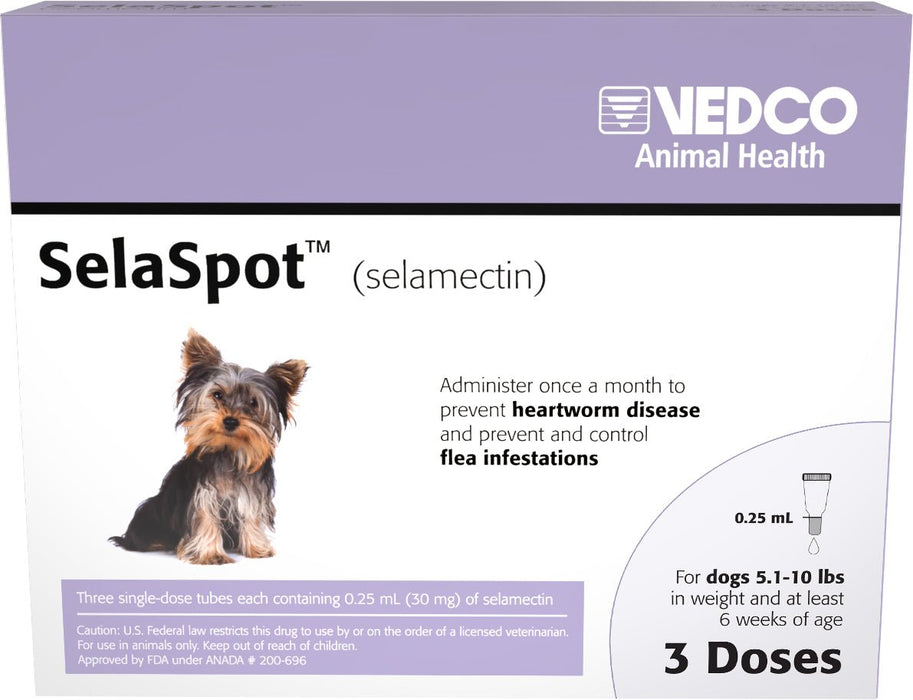 Rx SelaSpot (selamectin) Once - A - Month Flea & Heartworm Topical Solution for Dogs - 012VED-20997 - 5.1 - 10 lbs - 3 Doses - 1