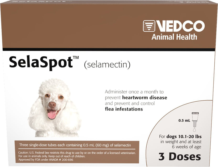 Rx SelaSpot (selamectin) Once - A - Month Flea & Heartworm Topical Solution for Dogs - 012VED-21994 - 10.1 - 20 lbs - 3 Doses - 3