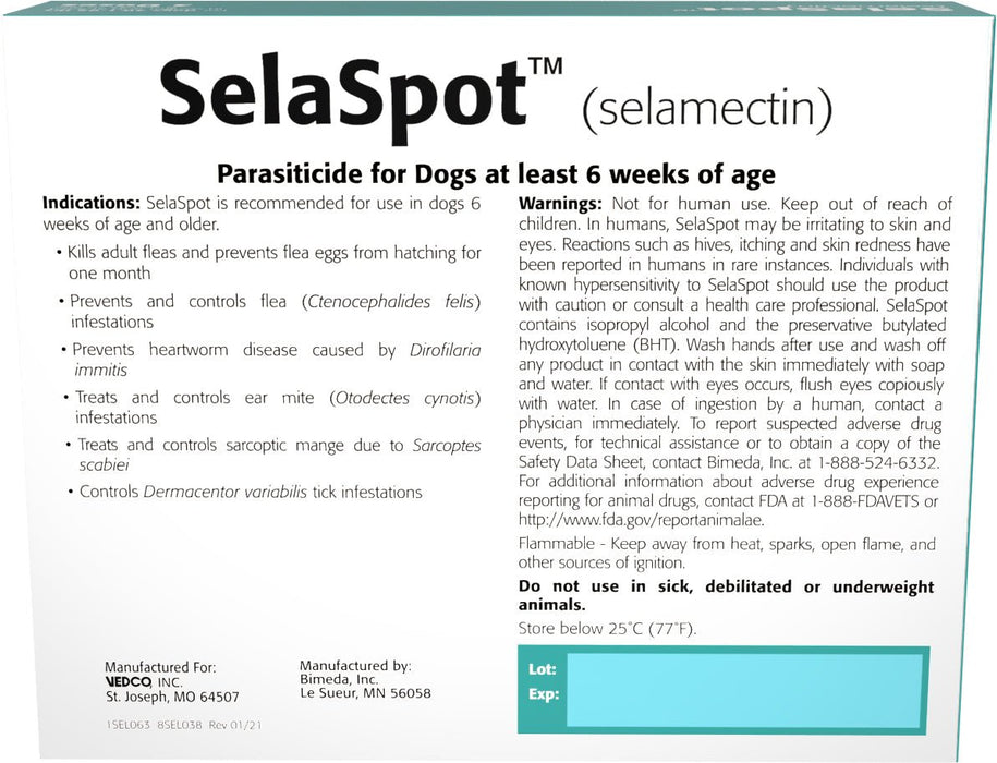 Rx SelaSpot (selamectin) Once - A - Month Flea & Heartworm Topical Solution for Dogs - 012VED-23998 - 40.1 - 85 lbs - 3 Doses - 8