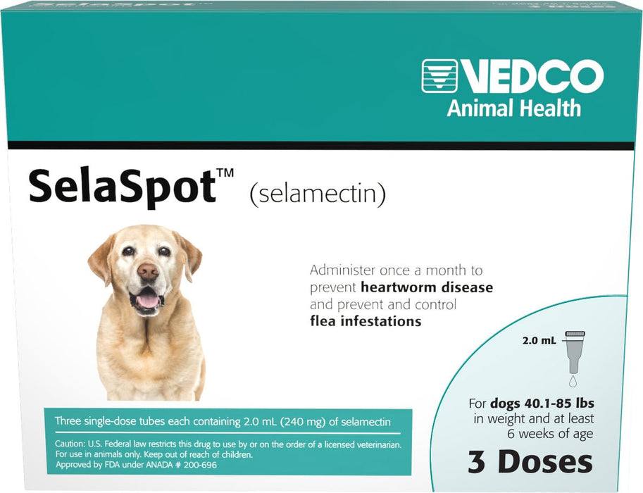 Rx SelaSpot (selamectin) Once - A - Month Flea & Heartworm Topical Solution for Dogs - 012VED-23998 - 40.1 - 85 lbs - 3 Doses - 7