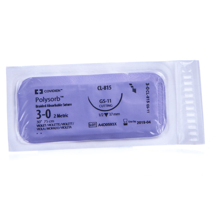 Polysorb Absorbable Sutures w/ Needle - Polysorb Sutures, size 3-0, (3/8 circle) 19 mm needle  