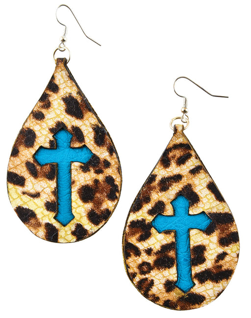 San Saba Cross Teardrop Earrings - Cheetah/Turquoise  