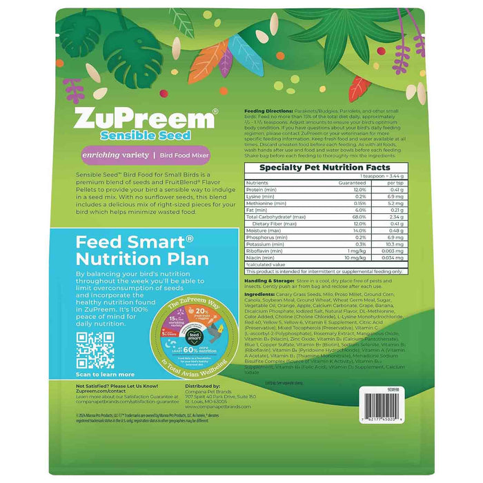 Sensible Seed™ FruitBlend® Bird Food – Balanced Seed Mix for Parakeets to Macaws - NABO - Small Birds - Parakeets, Budgies, Parrotlets, Canaries & Finches - 2 lbs - 2