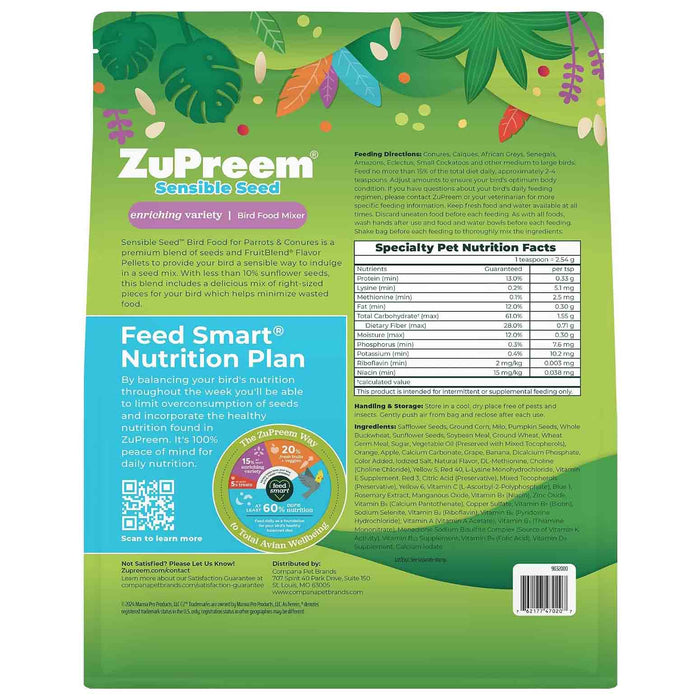 Sensible Seed™ FruitBlend® Bird Food – Balanced Seed Mix for Parakeets to Macaws - NABP-DISC - Parrots & Conures - African Greys, Senegals, Amazons, Eclectus, Conures & Small Cockatoos - 2 lbs - 10