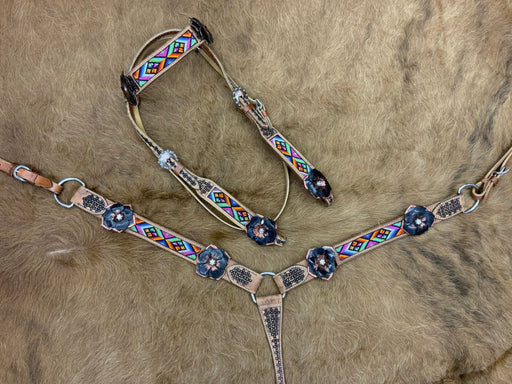 Showman Beaded Aztec & 3D Leather Flower Tack Set - Jeffers - Horse Supplies > Horse Tack > Tack Sets