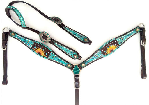 Showman Turquoise Filigree & Sunflower Headstall and Breast Collar - Jeffers - Horse Supplies > Horse Tack > Tack Sets