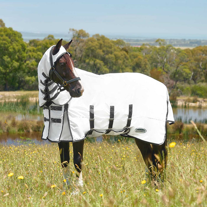 Sweet Itch Shield Combo Neck Horse Fly Sheet, White/Blue - KOZK - 78 in - White with Charcoal Trim - 50