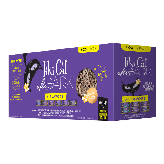 Tiki Cat After Dark Pâté Wet Cat Food, Grain - Free, High - Protein, Adult Cat Meal with Organ Meats – 3 oz Cans, Case of 12 - 2PTQ - 3oz, 12 ct - Variety Pack - 7