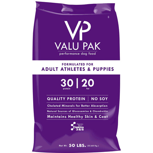 Valu-Pak 30-20 Performance Dry Dog Food (Purple Bag) for Adult Athletes & Puppies, 50 lb - NWB0 - Chicken & Pork - 50 lbs - 1