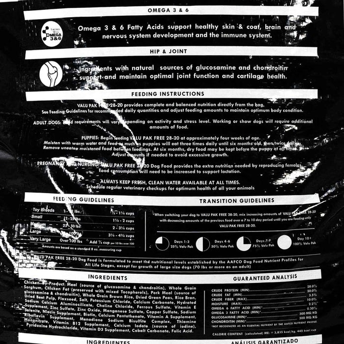 Valu-Pak Free 28-20 Performance Gluten Free Dry Dog Food for Active Dogs (Black Bag) - NWB1 - Chicken & Pork - 50 lbs - 9