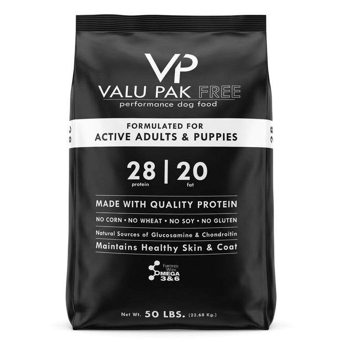 Valu-Pak Free 28-20 Performance Gluten Free Dry Dog Food for Active Dogs (Black Bag) - NWB1 - Chicken & Pork - 50 lbs - 8