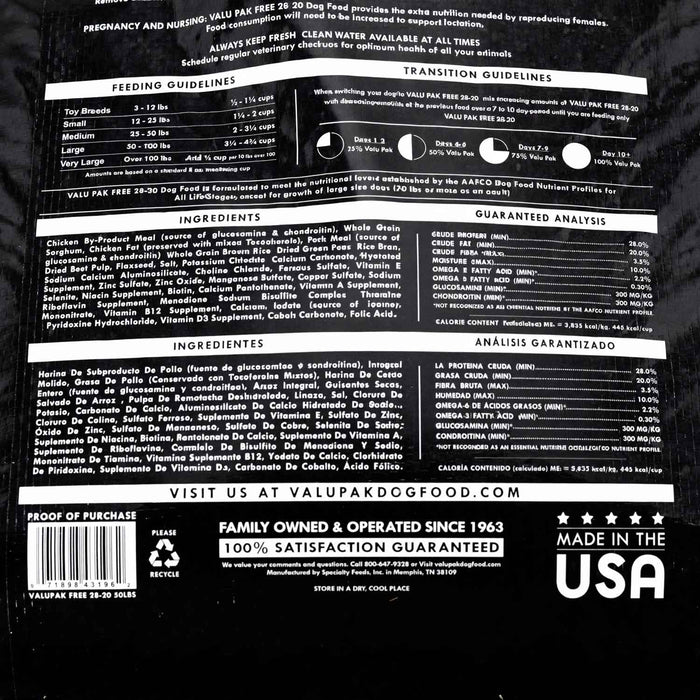 Valu-Pak Free 28-20 Performance Gluten Free Dry Dog Food for Active Dogs (Black Bag) - NWDG - Chicken & Pork - 20 lbs - 6
