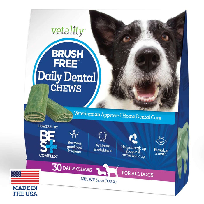 Vetality Brush Free Daily Dental Chews for Dogs, Plaque & Tartar Control, Fresh Breath - TVB3S - Mint - 30 ct - 10
