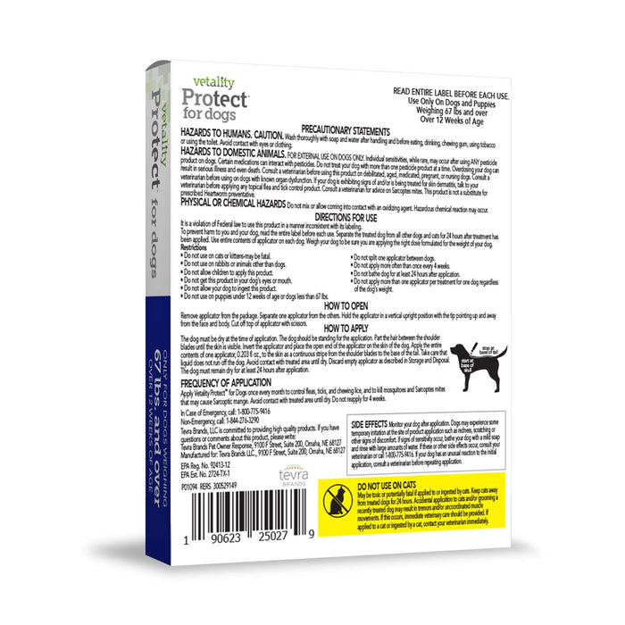 Vetality Protect Flea & Tick Monthly Topical for Dogs, 3 pk - TVB3D - 3 Pack (3 Month Supply) - Over 67 lbs - 9