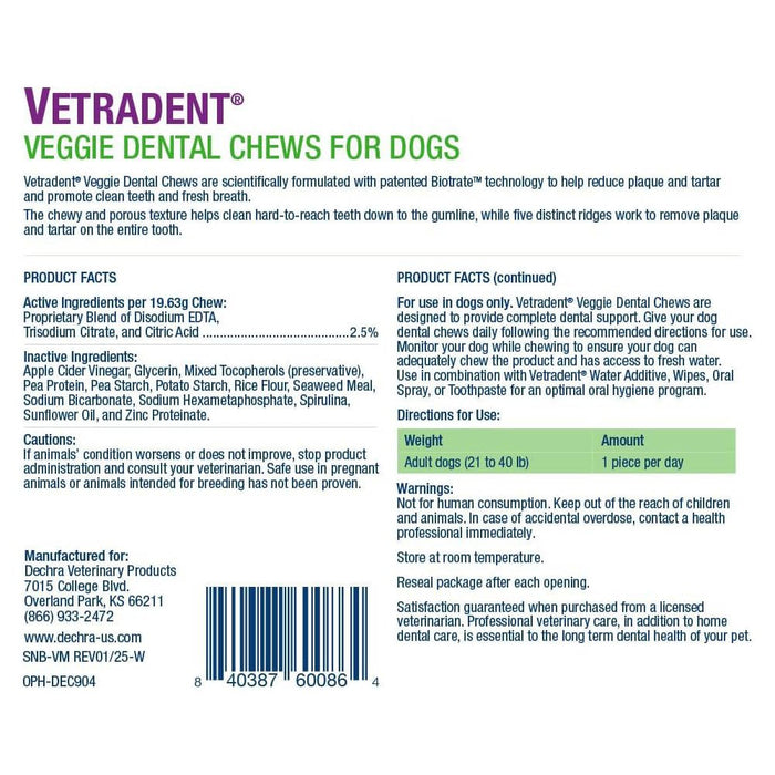 Vetradent Veggie Dental Chews for Dogs – Plaque & Tartar Control, Fresh Breath, Daily Oral Care Treats - DECD3 - Medium (21 - 40 lbs) - 30 ct - 8