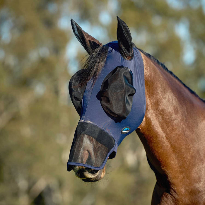WeatherBeeta ComFITec Luxe Stretch Fly Mask with Ears & Nose, Navy - KOBBQ - Navy - Medium - 1