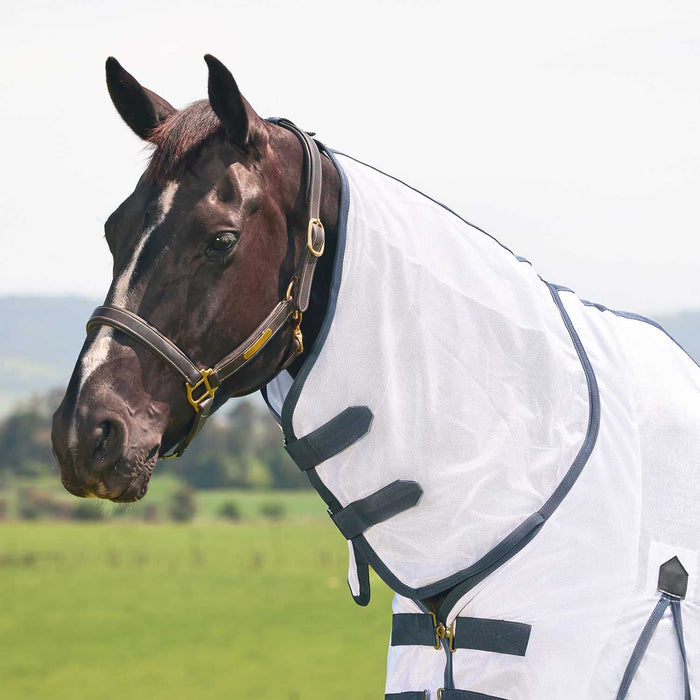 WeatherBeeta Saxon Combo Neck Mesh Horse Fly Sheet with Belly Wrap - KOBBG - White / Navy - 66" - 10
