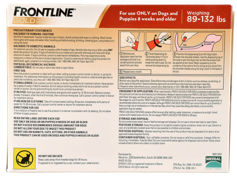 Frontline Gold for Dogs, 3-pack - Frontline Gold for Dogs 89-132 lb  