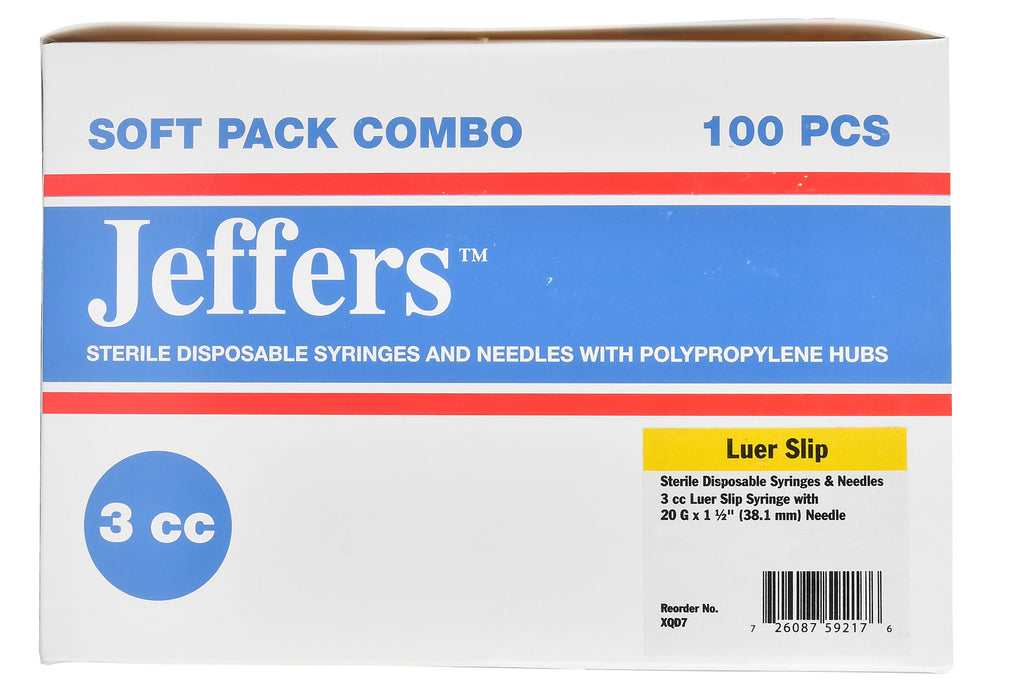 Luer Slip Syringe/Needle Combo, Boxes - 3 mL w/ 20 ga x 1 1/2" (100 count) -  Jeffers L.S. Syringe/Needle Combo  