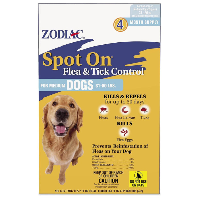 Zodiac Spot On Flea & Tick Control for Dogs & Puppies - FAAA5 - Medium Dogs (31 - 60 lbs) - 4 ct (4 Month Supply) - 5